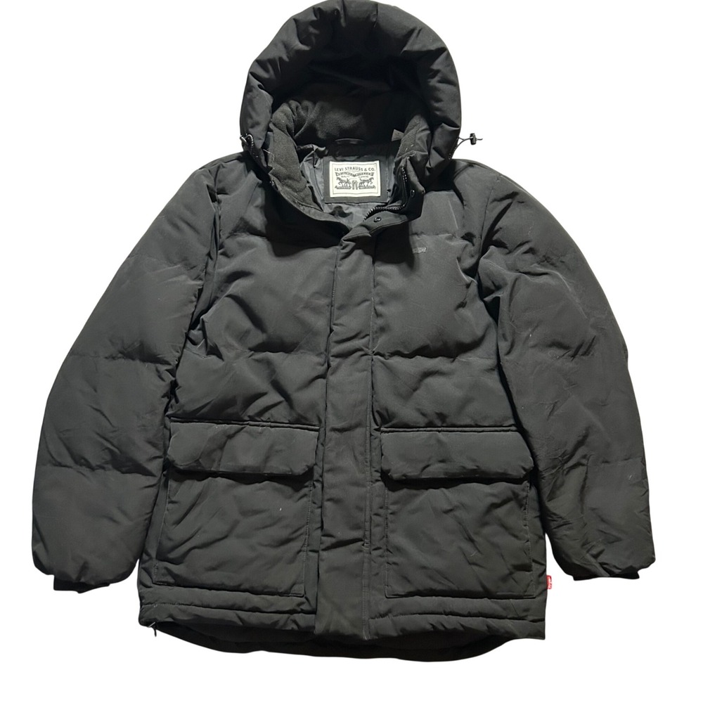 Levi's Puffer Jacket Mens Small Black Quilted Hooded Winter Parka Coat
